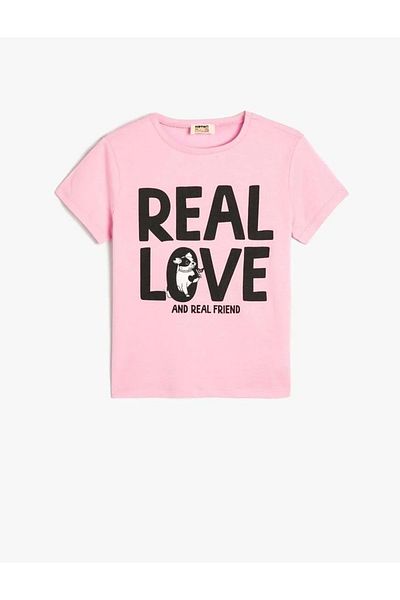 Koton Tricou pentru fete, cu slogan imprimat, cu mânecă scurtă, cu decolteu, bumbac 4skg10570ak roz