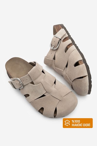 Marjin Γυναικείες Παντόφλες Beige Suede - Γνήσιο δέρμα, Κλειστό Μπροστινό, Casual Yolis
