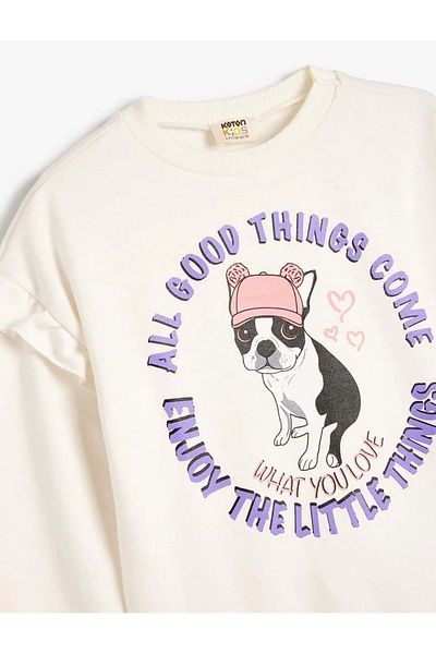 Koton Girl's Ruffled Sweatshirt Dog Printed 5Wkg10255Ak Ecru