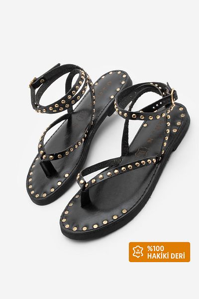 Marjin Women's Genuine Leather Flip Flops Ankle Strap Studded Trock Casual Sandals Agnol Black