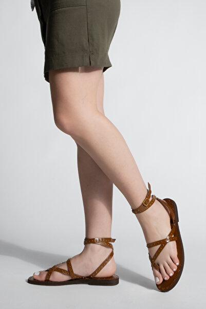 Marjin Genuine Leather Women's Sandals - Ankle Strap, Flip Flops, Casual Sunga Tan