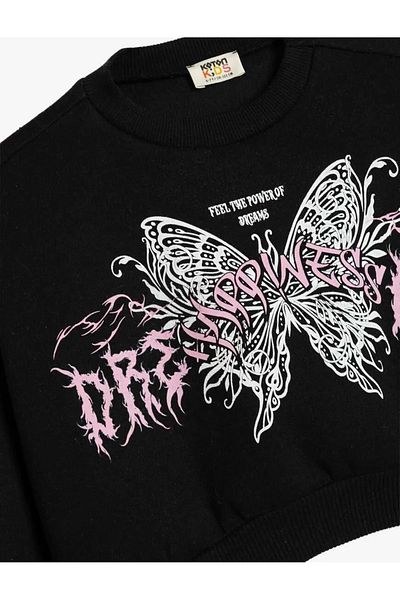 Koton Μακρυμάνικο φούτερ Crop - Butterfly Printed, Crew Neck
