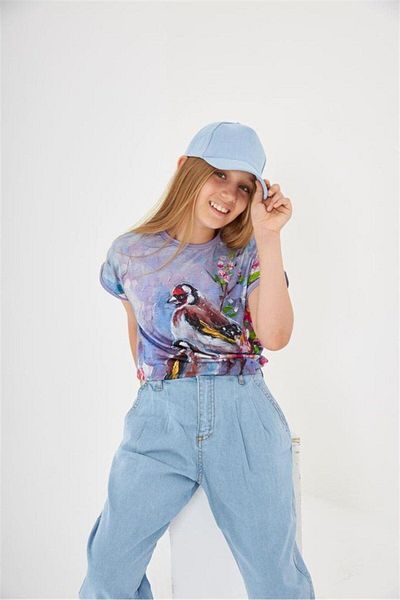 Hilal Akıncı Kids Girl's Patterned Oversize T-Shirt Blue Denim Trousers Hat Set of 3