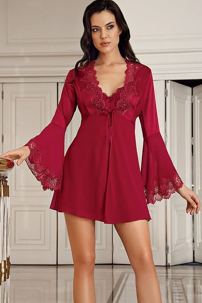 İmaj İmaj 4210 Women's Burgundy Dowry Set Satin Lace Nightgown Set