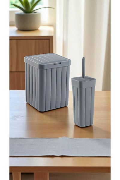 Herza House 2-Piece Bathroom Set - Bas Open Lid Trash Can (10 L) - Wc Brush Holder