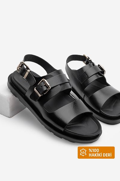 Marjin Women's Black Leather Buckle Daily Sandals Lokis