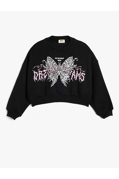 Koton Μακρυμάνικο φούτερ Crop - Butterfly Printed, Crew Neck