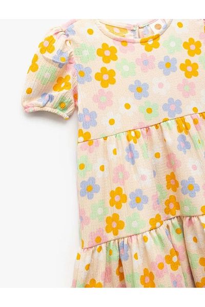 Koton Baby Girl Crew Neck Balloon Sleeve Layered Floral Dress 5Smg80003Ak Beige