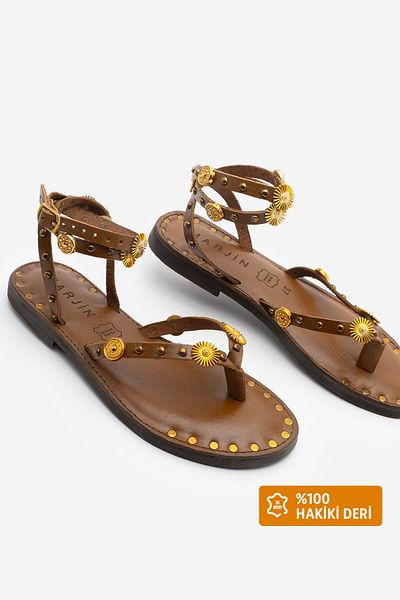 Marjin Women's Genuine Leather Ankle Strap Flip Flop Studded Daily Sandals Zoney Tan