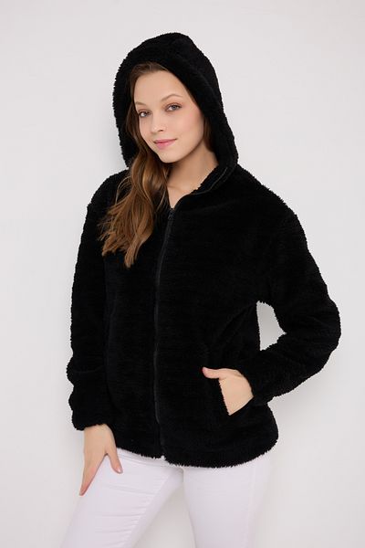 Royalside Women's Black Plush Windproof Welsoft Double Pocket Winter Coat Coat