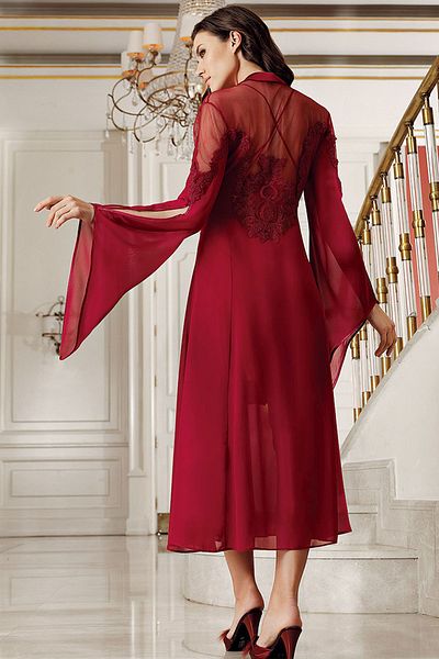İmaj İmaj 4201 Women's Burgundy Nightdress with Morning Dress Double Dowry Satin Set
