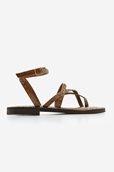 Marjin Genuine Leather Women's Sandals - Ankle Strap, Flip Flops, Casual Sunga Tan