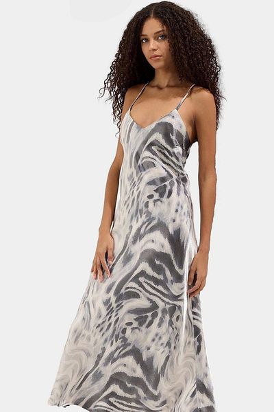 PayBuy Midi Length Satin Dress Abstract Pattern Sleeveless Straight Cut Polyester Fabric Comfortable and Stylish