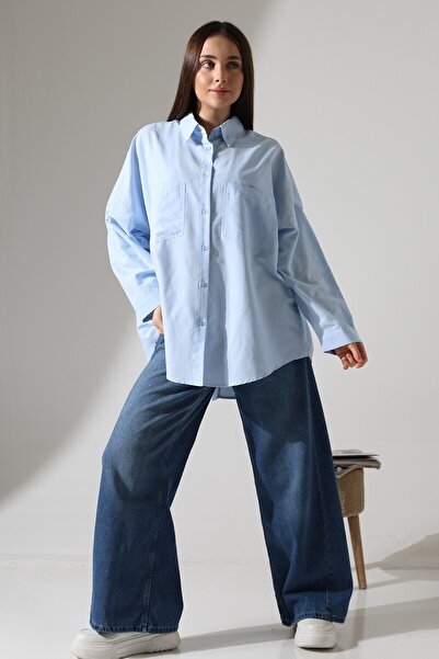 GÖMLEKÇİNİZ قميص نسائي كبير الحجم واسع القطع مصنوع من قماش بوبلين بنسبة 100% ...