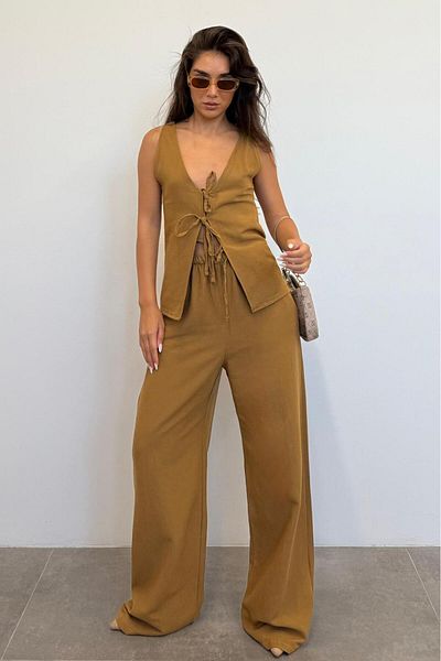 Madmext بدلة نسائية من Camel بخصر مربوط من الأمام Mg2403