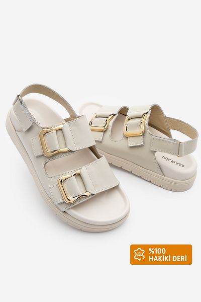 Marjin Women's Genuine Leather Gold Buckle Weft Double Strap Thick Sole Daily Sandals Risay Ecru