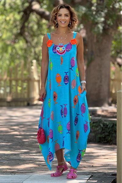 Nevin Kaya Moda Rochie de vară Turcoaz Freesize - Curea încrucișată și Pește
