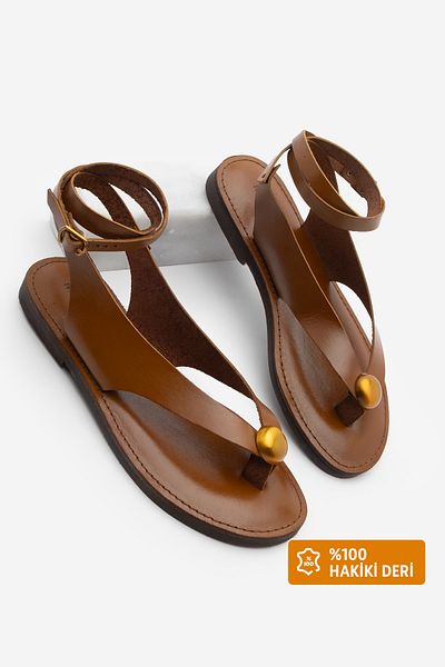 Marjin Women's Genuine Leather Daily Sandals Ronta Tan Flip Flops with Ankle Buckle