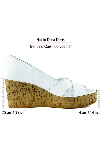 Erkan Saçmacı Astrid White Genuine Calfskin Cross Strap Cork Sole Look Wedge Heeled Sandals