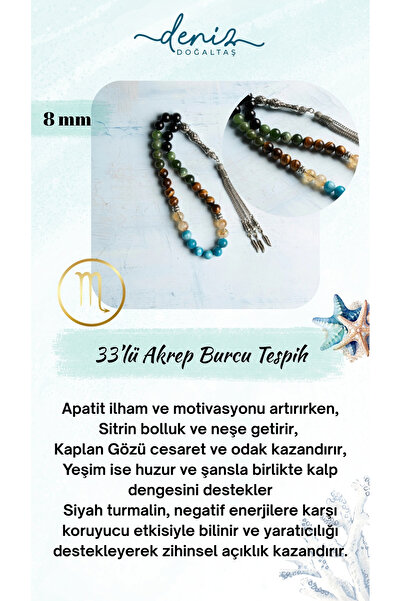Deniz Doğal Taş Sertifikalı Doğal Apatit, Sitrin, Kaplan Gözü, Yeşim Taşı Ve Siyah Turmalin 8 Mm Akrep Burcu Tesbih