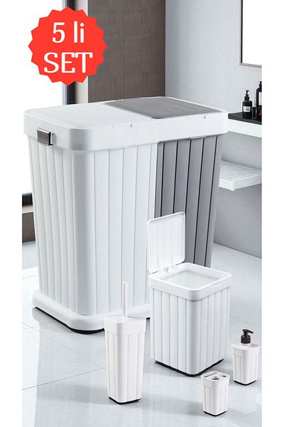 Herza House 5-Piece Dowry Set - 80 Lt Dirty Laundry Basket + 4-Piece Bathroom Set - Push Open Lid
