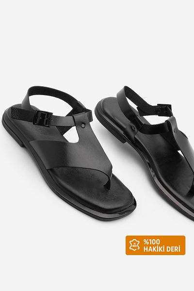 Marjin Women's Genuine Leather Flip Flops Daily Sandals Vomin Black