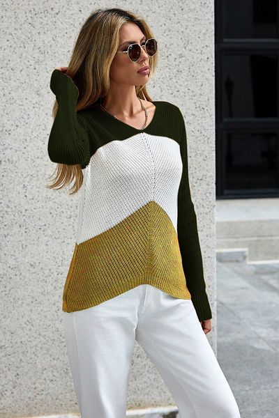 AQE FASHION Women's Khaki White Mustard Color Blocked Long Sleeve Knitwear Sweater
