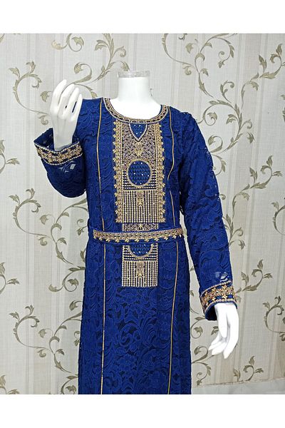 LAİN Royal blue embroidered lace jalabiya with a luxurious chiffon robe for a luxurious look on special occasions and celebrations