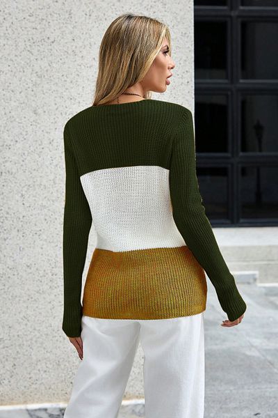 AQE FASHION Women's Khaki White Mustard Color Blocked Long Sleeve Knitwear Sweater