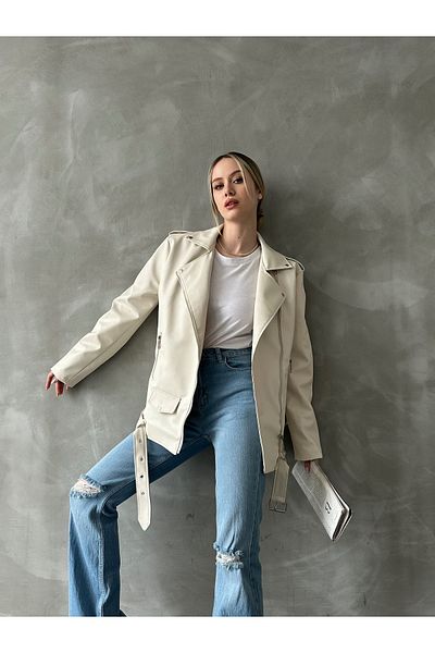 MEECY Damska skórzana kurtka oversize typu biker