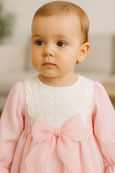 dinamik çocuk Baby Girl Lace Detailed Dress Tulle Bow Long Sleeve Seasonal 3-6-9-12-18-24Months