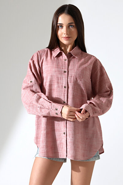 GÖMLEKÇİNİZ Women's Shirt Oversize Pattern Linen Fabric Applique Pocket Epaulet Women's Shirt