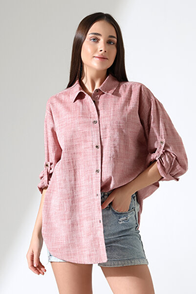 GÖMLEKÇİNİZ Women's Shirt Oversize Pattern Linen Fabric Applique Pocket Epaulet Women's Shirt