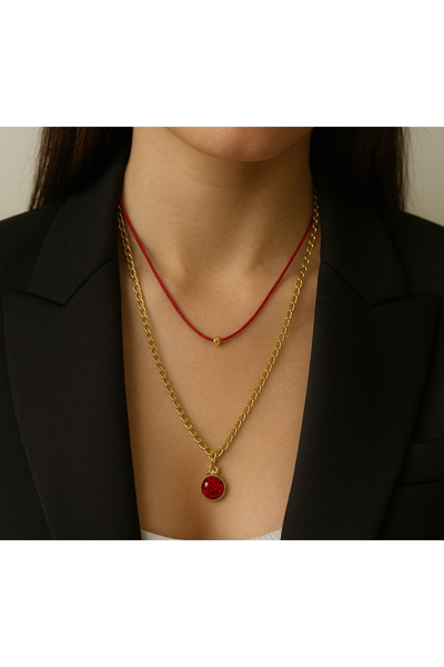 andela قلادة مزدوجة من حجر واحد باللون الأحمر