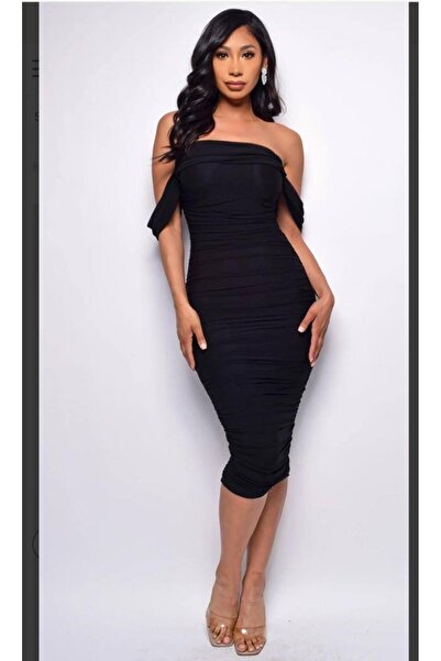 LAST POINT LİFE Midi Boy Büzgülü Düşük Omuz Kadın Elbise