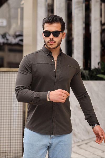 comstar Ανδρικό Basic Plain Slim Fit Μακρυμάνικο Χακί Τζιν πουκάμισο