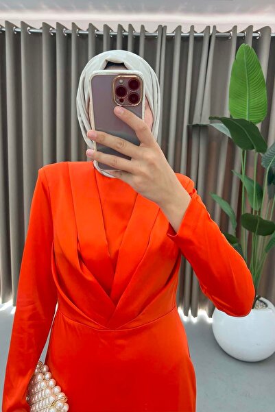 Puane Coral Satin Hijab Evening Dress - Pleat Detail