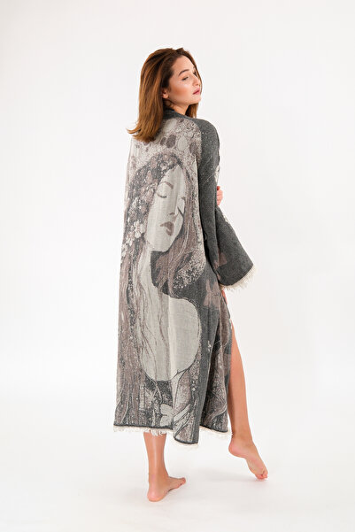 Befera Design Kimono de muselină 100% bumbac pentru femei, cu model, halat de baie jacquard, caftan