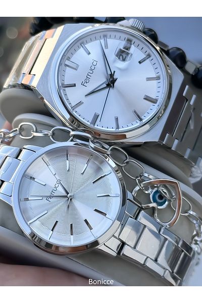 Ferrucci Silver Colored Steel Cord Lover Couple Wrist Watch + Bracelet
