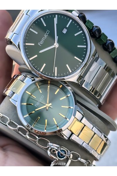Ferrucci Brand Steel Band Silver Yellow Color, Green Dial Lover Watches + Rosary Bracelet