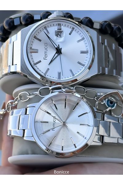 Ferrucci Silver Colored Steel Cord Lover Couple Wrist Watch + Bracelet