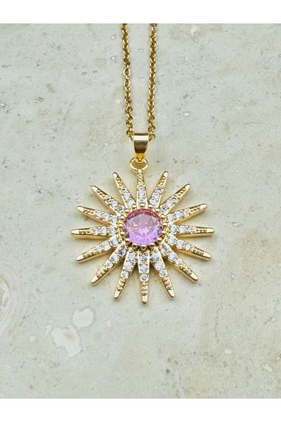 Snartun Zircon Stone Sun Detailed Steel Necklace I Special Boxed