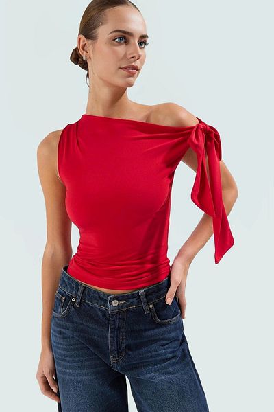 PayBuy Asymmetric Collar Tie Detail Fitted Knitted Blouse Summer Casual Long Lasting Quality Craftsmanship