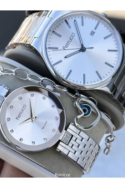 Ferrucci Brand Steel Cord,Silver Color, Lover Couple Wristwatches Rosary Bracelet