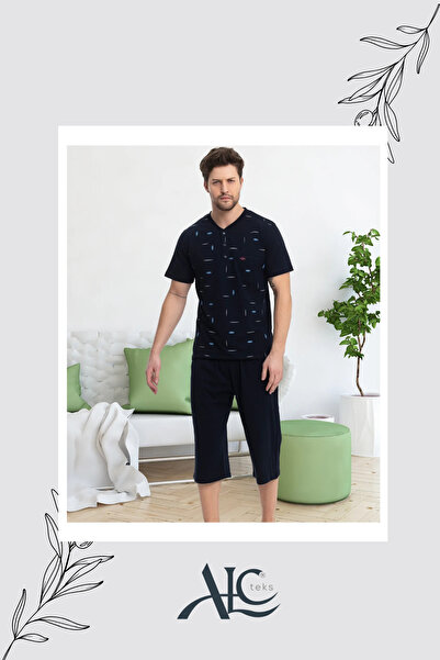 Alcteks طقم بيجامة رجالي صيفي ومريح: خيطان 100% قطن - نمط مخطط، طقم من قطعتين