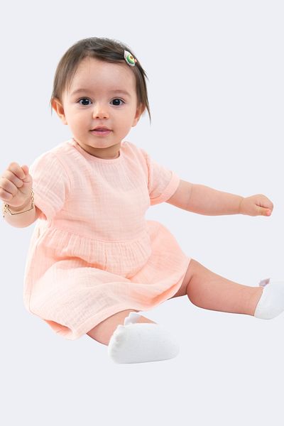 ÇİTİL Organic Muslin Pink Short Sleeve Baby Dress 6-9Ay 24-36Months