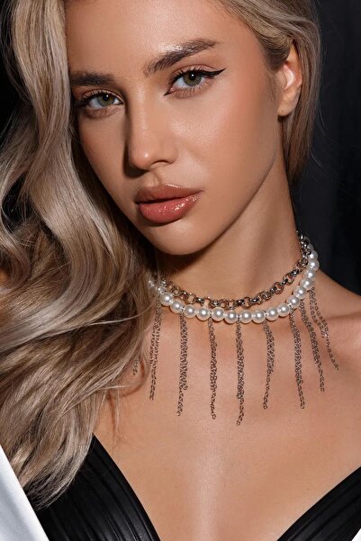 New Obsessions Silver Icicle and Chain Combination Pearl Choker Necklace