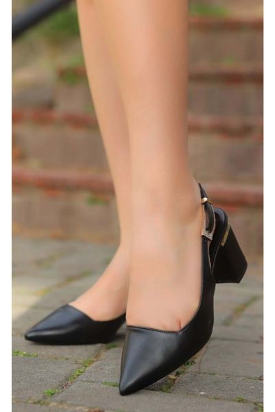 KCMN Mehtap Buckle Detailed Heeled Open Back Classic Women's Heeled Shoes Black