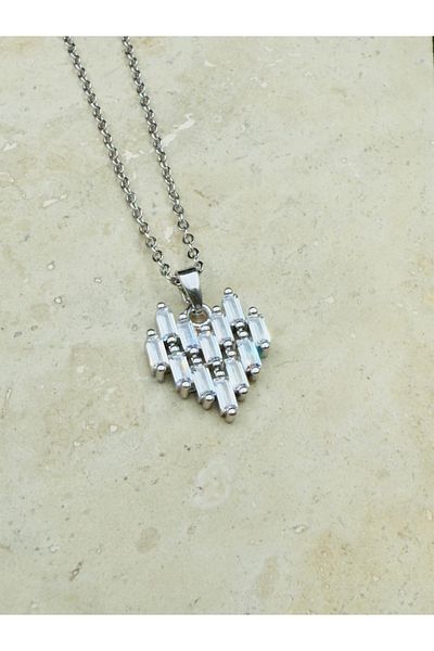 Snartun Silver Heart Detailed Steel Necklace with Zircon Stone I Special Box