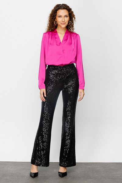 Ekol Women's Sequin Embroidered Evening Dress Trousers 4091 Black